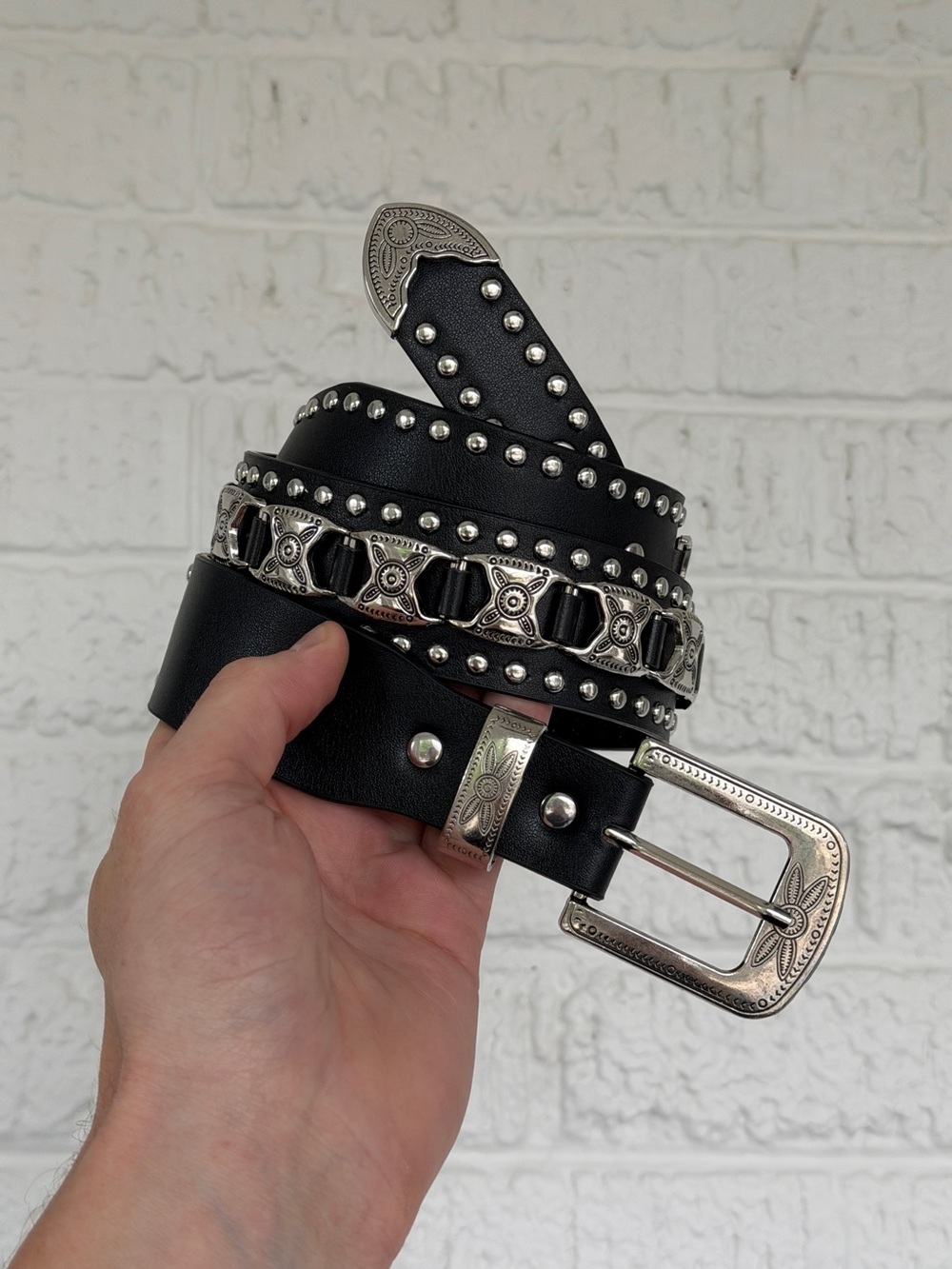 Black Studded Western Leather Belt with Silver Hardware